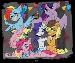 Size: 729x619 | Tagged: semi-grimdark, artist:millman;, derpibooru import, applejack, fluttershy, pinkie pie, rainbow dash, rarity, twilight sparkle, alicorn, earth pony, pegasus, pony, unicorn, g4, blood, horn, horror, image, mane six, png