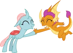 Size: 4090x3000 | Tagged: safe, artist:cloudy glow, derpibooru import, ocellus, smolder, changedling, changeling, dragon, g4, dragoness, duo, duo female, female, high five, image, png, simple background, transparent background, vector