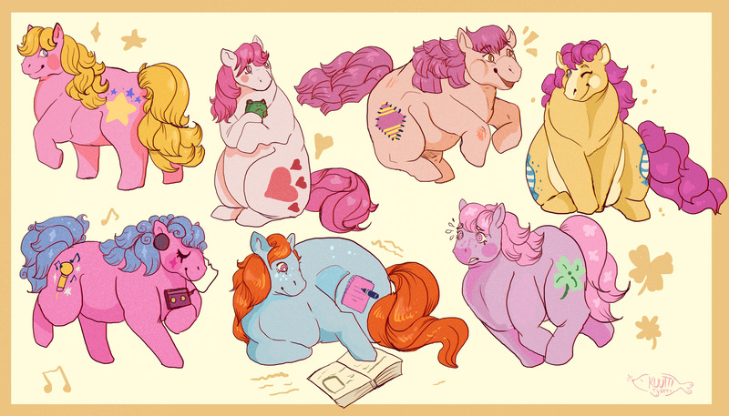 Size: 3280x1874 | Tagged: safe, artist:huitunkuutti, artist:kuuttituutti, derpibooru import, bon bon (g1), bright eyes, clover (g1), melody, patch (g1), starlight (g1), sweetheart, earth pony, pony, g1, my little pony tales, 7 pony friends, blushing, book, cassette player, emanata, eyes closed, fat, female, frown, headphones, hug, image, jpeg, lying down, nervous, one eye closed, open mouth, open smile, plewds, prone, raised hoof, raised leg, reading, signature, sitting, smiling, spot the frog, tail, wink