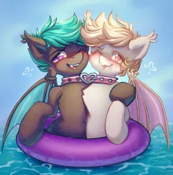 Size: 3508x3553 | Tagged: safe, artist:chaosangeldesu, derpibooru import, oc, oc:white mouse, unofficial characters only, bat pony, pony, bat pony oc, bat wings, collar, cute, image, jpeg, ocean, tongue out, water, wings