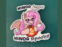 Size: 2700x2025 | Tagged: safe, artist:flutterpawss, derpibooru import, angel bunny, fluttershy, bat pony, pony, rabbit, g4, animal, bat ponified, cute, cute little fangs, fangs, female, flutterbat, halloween, holiday, image, jack-o-lantern, looking at you, male, mare, png, pumpkin, race swap, smiling, spread wings, sticker, wings