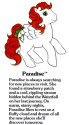 Size: 550x1000 | Tagged: safe, derpibooru import, official, paradise, pegasus, pony, g1, bow, cute, female, flying, g1 backstory, image, jpeg, mare, my little pony fact file, paradawwse, paradise can fly, smiling, solo, tail, tail bow