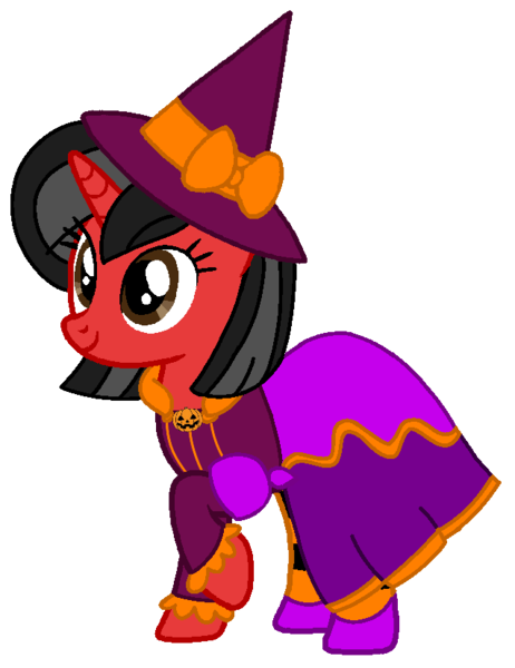 Size: 637x827 | Tagged: safe, artist:mickey1909, derpibooru import, oc, oc:minnie motion, unicorn, g4, clothes, costume, dress, female, hat, horn, image, nightmare night, nightmare night costume, png, simple background, transparent background, unicorn oc, vector, witch, witch hat