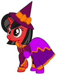 Size: 637x827 | Tagged: safe, artist:mickey1909, derpibooru import, oc, oc:minnie motion, unicorn, g4, clothes, costume, dress, female, hat, horn, image, nightmare night, nightmare night costume, png, simple background, transparent background, unicorn oc, vector, witch, witch hat