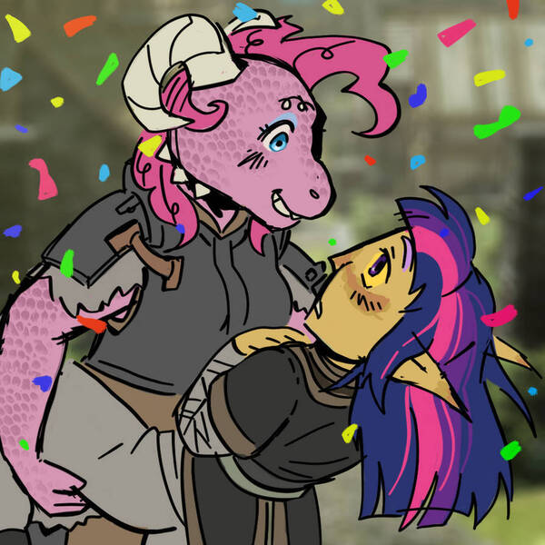 Size: 894x894 | Tagged: safe, artist:0liiver, derpibooru import, pinkie pie, twilight sparkle, altmer, anthro, argonian, elf, high elf, armor, confetti, female, horns, image, jpeg, lesbian, shipping, skyrim, species swap, the elder scrolls, twinkie