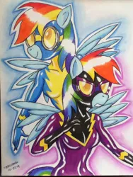 Size: 720x960 | Tagged: safe, artist:emichaca, derpibooru import, rainbow dash, anthro, pegasus, g4, clothes, costume, duality, female, image, jpeg, nightmare night costume, pencil drawing, self paradox, self ponidox, shadowbolt dash, shadowbolts, shadowbolts costume, solo, traditional art, uniform, wonderbolts, wonderbolts uniform