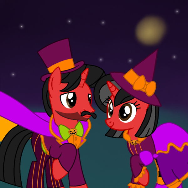 Size: 800x800 | Tagged: safe, artist:noi kincade, derpibooru import, oc, oc:mickey motion, oc:minnie motion, unofficial characters only, g4, clothes, costume, dress, duo, duo male and female, female, hat, image, magician, magician outfit, male, nightmare night, nightmare night costume, png, witch, witch hat