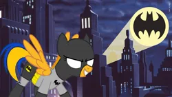 Size: 1200x675 | Tagged: safe, artist:mlpfan3991, derpibooru import, oc, oc:flare spark, pegasus, g4, bat signal, batman, batmare, city, clothes, costume, dc comics, female, gotham city, image, jpeg, night, pegasus oc, superhero, wings