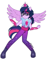 Size: 2827x3535 | Tagged: safe, artist:leokreuz, derpibooru import, sci-twi, twilight sparkle, equestria girls, g4, boots, clothes, dusk shine, equestria girls specials, equestria guys, glasses, image, jewelry, male, my little pony equestria girls: forgotten friendship, pants, png, ponied up, regalia, rule 63, sci-dusk, shoes, solo, tanktop, wings