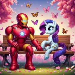 Size: 1024x1024 | Tagged: safe, ai content, derpibooru import, machine learning generated, prompter:bluey2309, rarity, butterfly, human, insect, unicorn, g4, bench, female, flower, horn, image, iron man, male, marvel, png, superhero