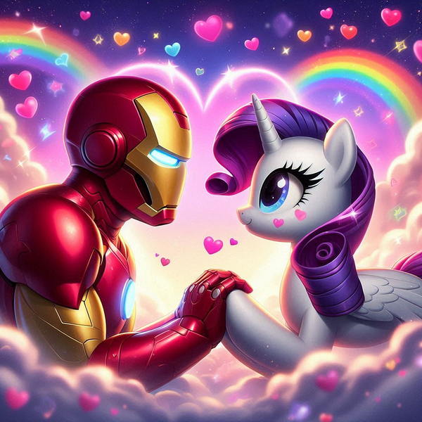 Size: 1024x1024 | Tagged: safe, ai content, derpibooru import, machine learning generated, prompter:bluey2309, rarity, alicorn, human, unicorn, g4, cloud, crossover, female, heart, horn, image, iron man, male, marvel, png, rainbow, romantic