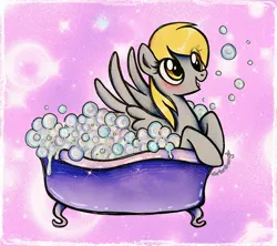 Size: 2048x1820 | Tagged: safe, artist:dariarchangel, derpibooru import, derpy hooves, pegasus, pony, g4, :d, adorable face, background pony, bath, bath time, bathtub, blonde, blonde hair, blonde mane, blushing, bubble, cross-eyed, cute, cute face, cute smile, daaaaaaaaaaaw, derp, derpabetes, derpy being derpy, eye clipping through hair, female, foam, gray coat, happy, happy face, image, jpeg, looking at something, lying down, mare, open mouth, open smile, pegasus wings, pretty, prone, smiling, soap bubble, solo, sparkles, spread wings, sweet dreams fuel, too cute, traditional art, weapons-grade cute, wet, wet hair, wet mane, wet mane derpy hooves, wings, yellow eyes