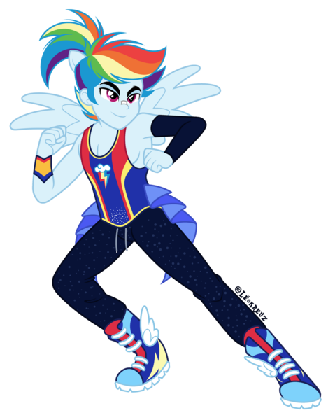 Size: 1280x1639 | Tagged: safe, artist:leokreuz, derpibooru import, rainbow dash, human, equestria girls, g4, clothes, cutie mark, cutie mark on clothes, equestria girls specials, equestria guys, frills, glitter, image, my little pony equestria girls: forgotten friendship, pants, png, ponied up, rainbow blitz, rule 63, shoes, solo, tanktop