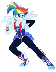 Size: 1280x1639 | Tagged: safe, artist:leokreuz, derpibooru import, rainbow dash, human, equestria girls, g4, clothes, cutie mark, cutie mark on clothes, equestria girls specials, equestria guys, frills, glitter, image, my little pony equestria girls: forgotten friendship, pants, png, ponied up, rainbow blitz, rule 63, shoes, solo, tanktop