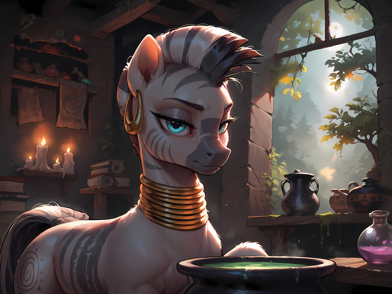 Size: 8192x6144 | Tagged: safe, ai content, derpibooru import, machine learning generated, prompter:molagbal, zecora, pony, zebra, g4, 4k, book, candle, cauldron, female, forest, frown, glow, glowing eyes, high res, image, indoors, jpeg, light rays, nature, potion, shelf, solo, solo female, tree, unhappy