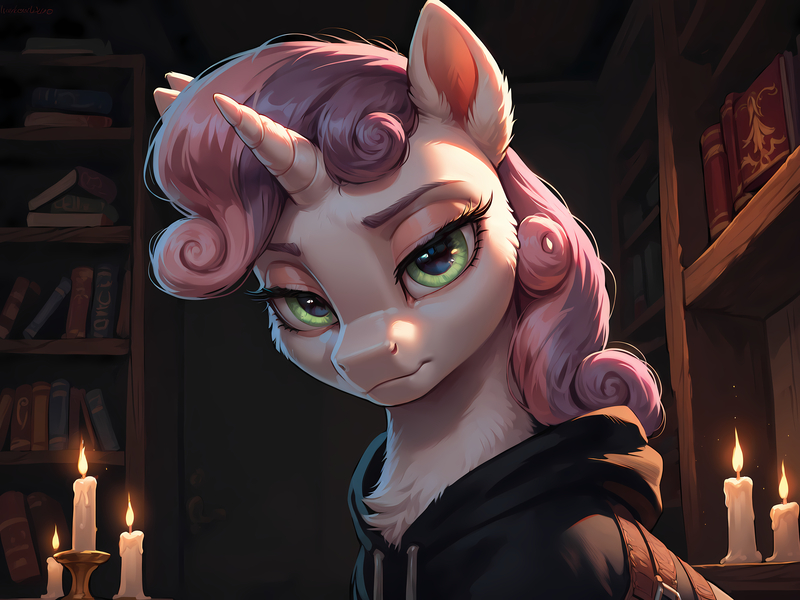 Size: 8192x6144 | Tagged: safe, ai content, derpibooru import, machine learning generated, prompter:molagbal, sweetie belle, pony, unicorn, g4, 4k, bedroom eyes, black hoodie, book, bookshelf, candle, clothes, curly mane, female, frown, glow, glowing eyes, half-closed eyes, high res, hoodie, horn, image, indoors, jpeg, leather, leather straps, library, lidded eyes, looking at you, seductive, shelf, smiling, smiling at you, smirk, smug, solo, solo female, white fur