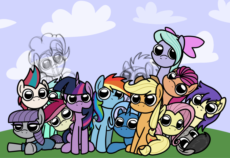 Size: 2048x1412 | Tagged: safe, artist:ewoudcponies, derpibooru import, applejack, doctor whooves, flitter, fluttershy, maud pie, octavia melody, pinkie pie, rainbow dash, roseluck, star dancer, sunny starscout, time turner, twilight sparkle, alicorn, earth pony, pegasus, pony, g4, g5, female, group, image, looking at you, lying down, mare, no iris, png, prone, simple background, sketch, sploot, wip