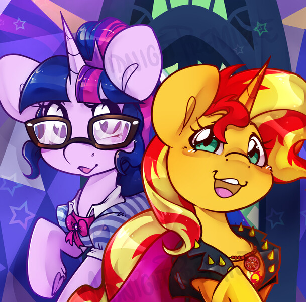 Size: 2000x1972 | Tagged: safe, artist:midnightpremiere, derpibooru import, sci-twi, sunset shimmer, twilight sparkle, ponified, pony, unicorn, equestria girls, g4, clothes, cute, duo, duo female, equestria girls outfit, equestria girls ponified, female, horn, image, jpeg, looking at you, mare, open mouth, open smile, shimmerbetes, smiling, smiling at you, twiabetes, unicorn sci-twi, watermark