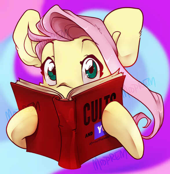 Size: 1958x2000 | Tagged: safe, artist:midnightpremiere, derpibooru import, fluttershy, pegasus, pony, friendship is witchcraft, g4, abstract background, book, bust, cult leader fluttershy, female, image, jpeg, looking at you, mare, solo