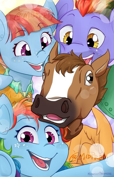 Size: 2000x3091 | Tagged: safe, alternate version, artist:midnightpremiere, derpibooru import, bow hothoof, rainbow dash, scootaloo, windy whistles, pegasus, pony, g4, cheek squish, cute, family, female, filly, foal, heartwarming, high res, hoers mask, image, jpeg, looking at you, male, mare, mask, open mouth, open smile, scootalove, smiling, smiling at you, squishy cheeks, stallion, wholesome