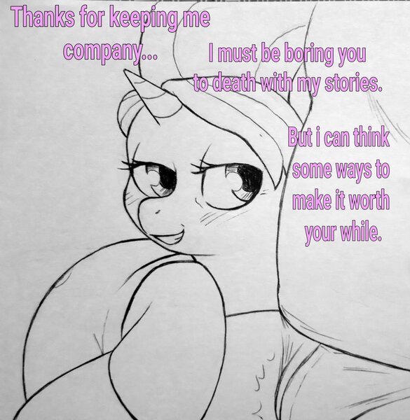 Size: 2673x2741 | Tagged: suggestive, artist:public mistake, derpibooru import, cookie crumbles, oc, earth pony, human, pony, g4, bedroom eyes, canon x oc, crotch bulge, dialogue, faceless human, faceless male, female, female focus, grayscale, image, infidelity, jpeg, male, mare, milf, monochrome, offscreen character, offscreen male, open mouth, open smile, partial color, pencil drawing, smiling, solo focus, straight, traditional art