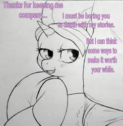 Size: 2673x2741 | Tagged: suggestive, artist:public mistake, derpibooru import, cookie crumbles, oc, earth pony, human, pony, g4, bedroom eyes, canon x oc, crotch bulge, dialogue, faceless human, faceless male, female, female focus, grayscale, image, infidelity, jpeg, male, mare, milf, monochrome, offscreen character, offscreen male, open mouth, open smile, partial color, pencil drawing, smiling, solo focus, straight, traditional art