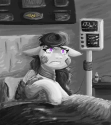 Size: 1600x1800 | Tagged: safe, artist:hiddenfaithy, derpibooru import, oc, oc:skyfire lumia, unofficial characters only, pegasus, fallout equestria, bandaged, bed, fallout equestria: uncertain ties, fanfic art, grayscale, hospital bed, image, injured, monochrome, painting, png, stable-tec