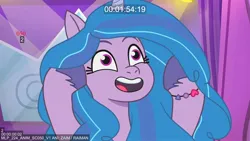 Size: 1920x1080 | Tagged: safe, derpibooru import, screencap, izzy moonbow, pony, unicorn, g5, my little pony: tell your tale, spoiler:g5, blue hair, blue mane, ears, eyelashes, horn, image, jpeg, open mouth, purple fur, smiling