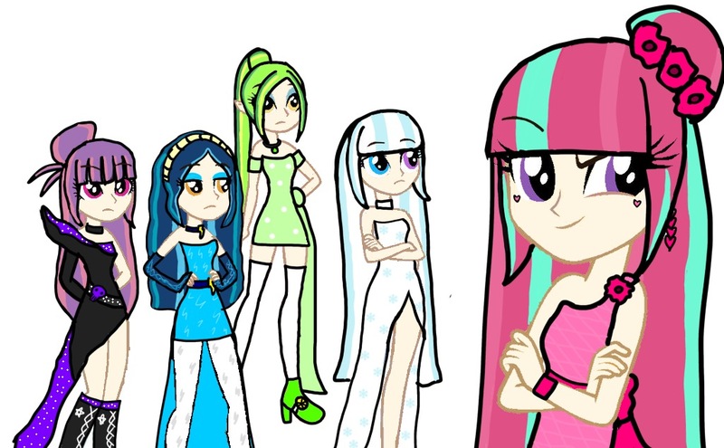 Size: 1024x634 | Tagged: safe, artist:loula, derpibooru import, indigo zap, lemon zest, sour sweet, sugarcoat, sunny flare, human, equestria girls, g4, clothes, crossed arms, crystal prep academy, dress, eyebrows, fantasy, female, group, hand on hip, hand on waist, humanized, image, inspiration, jpeg, my little pony equestria girls: friendship games, new style, quintet, raised eyebrow, shadow five, shadowbolts, two toned eyes