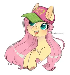 Size: 1005x1077 | Tagged: safe, artist:lululaozi, derpibooru import, fluttershy, pegasus, pony, baseball cap, blushing, bust, cap, colored hooves, cute, female, hat, hooves, image, jpeg, mare, open mouth, open smile, portrait, shyabetes, signature, simple background, smiling, solo, white background