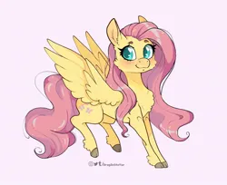 Size: 1040x850 | Tagged: safe, artist:lululaozi, derpibooru import, fluttershy, pegasus, pony, blushing, chest fluff, cloven hooves, female, image, jpeg, mare, signature, simple background, smiling, solo, white background