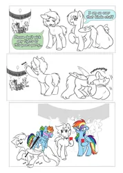 Size: 2700x3782 | Tagged: safe, artist:opalacorn, derpibooru import, rainbow dash, oc, oc:silver stream, alicorn, earth pony, pegasus, pony, unicorn, zebra, zebra alicorn, g4, butt, comic, cross-popping veins, cup, emanata, female, hoof hold, horn, image, jpeg, male, mare, partial color, piñata, plot, red solo cup, sack, simple background, smiling, stallion, trotting, waving, white background, zebra oc