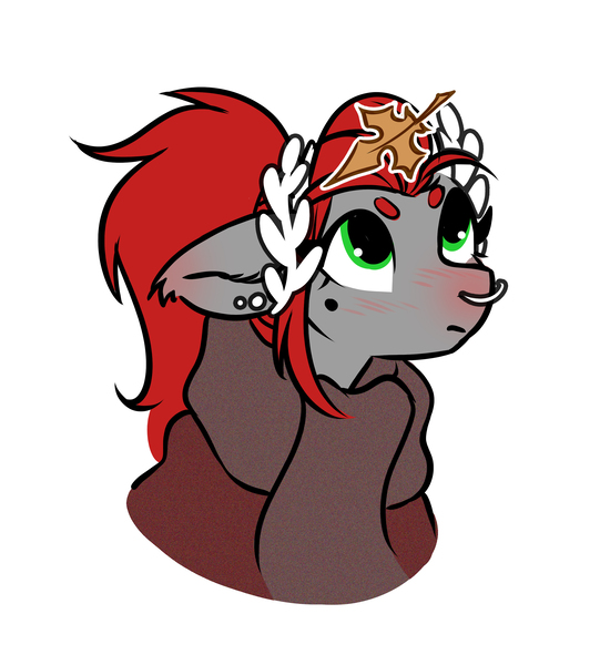 Size: 2795x3051 | Tagged: safe, artist:opalacorn, derpibooru import, oc, oc:void, unofficial characters only, pegasus, pony, autumn, blushing, bust, clothes, ear blush, ear piercing, earring, falling leaves, female, floppy ears, image, jewelry, jpeg, laurel wreath, leaf, leaves, looking up, mare, mole, nose blush, nose piercing, nose ring, piercing, scarf, solo