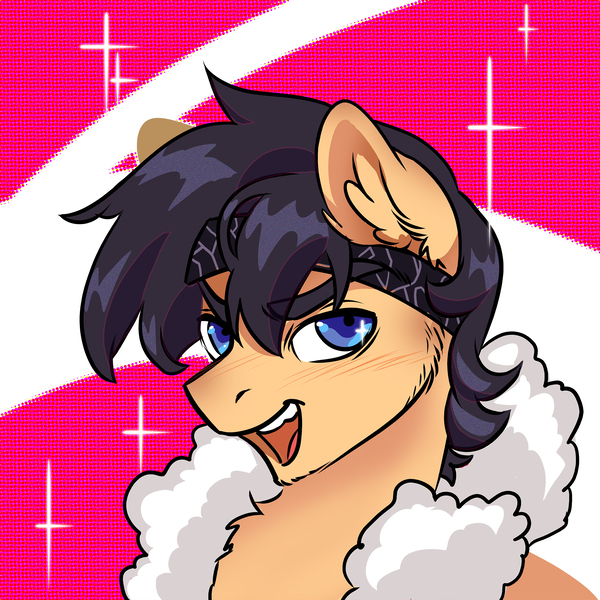 Size: 2400x2400 | Tagged: safe, artist:opalacorn, derpibooru import, oc, unofficial characters only, pony, abstract background, blush lines, blushing, bust, ear fluff, fur collar, image, jpeg, looking at you, male, open mouth, open smile, smiling, smiling at you, solo, sparkles, stallion