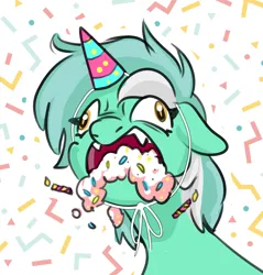 Size: 3883x4065 | Tagged: safe, artist:opalacorn, derpibooru import, lyra heartstrings, pony, unicorn, g4, abstract background, birthday cake, bust, cake, female, floppy ears, food, frown, hat, horn, image, jpeg, l.u.l.s., mare, open mouth, party hat, solo