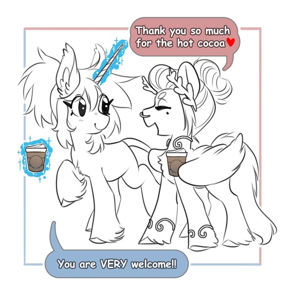 Size: 3990x4096 | Tagged: safe, artist:opalacorn, derpibooru import, oc, oc:void, unofficial characters only, classical unicorn, pegasus, pony, unicorn, chocolate, cloven hooves, coffee cup, cup, dialogue, duo, duo female, ear fluff, female, food, glow, glowing horn, grayscale, horn, hot chocolate, image, jpeg, laurel wreath, leonine tail, levitation, magic, monochrome, nose piercing, nose ring, open mouth, open smile, partial color, piercing, simple background, smiling, speech bubble, telekinesis, unshorn fetlocks, walking, white background