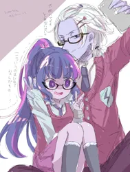 Size: 830x1100 | Tagged: safe, artist:weiliy, derpibooru import, sci-twi, sugarcoat, twilight sparkle, human, equestria girls, g4, clothes, crystal prep academy, crystal prep academy uniform, duo, duo male and female, female, glasses, handsome, image, jpeg, lesbian, male, my little pony equestria girls: friendship games, necktie, pants, rule 63, school uniform, selfie, shipping, sugarglaze, sugartwi