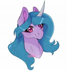 Size: 1740x1840 | Tagged: safe, artist:lululaozi, derpibooru import, izzy moonbow, pony, unicorn, g5, bust, female, horn, image, jpeg, mare, portrait, signature, simple background, smiling, solo, white background