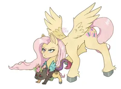 Size: 1040x769 | Tagged: safe, artist:lululaozi, derpibooru import, fluttershy, oc, draconequus, pegasus, pony, angry, crouching, duo, female, frown, image, jpeg, magic, mare, protecting, signature, simple background, spread wings, unshorn fetlocks, white background, wings