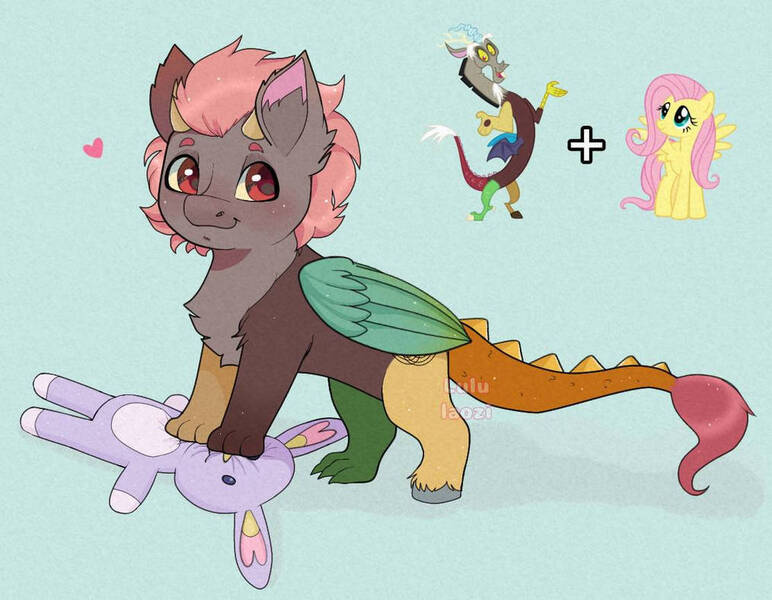 Size: 1014x788 | Tagged: safe, artist:lululaozi, derpibooru import, discord, fluttershy, oc, draconequus, pegasus, pony, ear fluff, heart, image, jpeg, plushie, signature