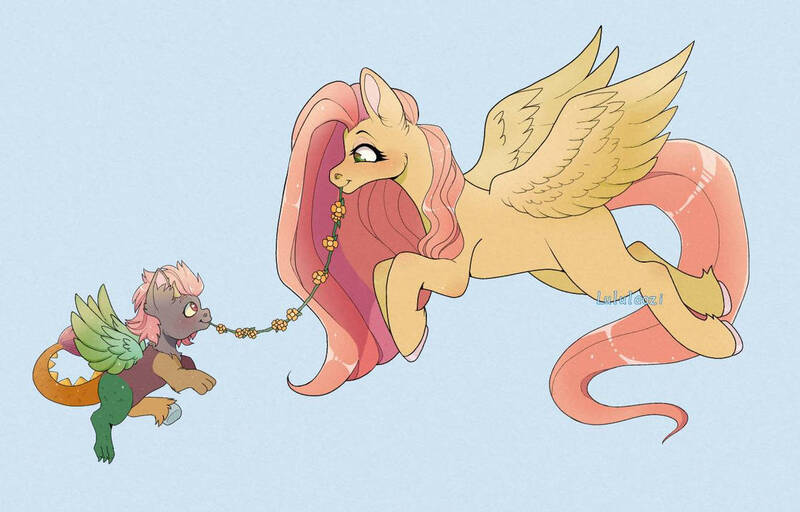 Size: 1118x715 | Tagged: safe, artist:lululaozi, derpibooru import, fluttershy, oc, draconequus, pegasus, pony, daisy chain, duo, ear fluff, female, flower, flying, happy, image, jpeg, mare, mouth hold, rosy cheeks, signature, smiling, unshorn fetlocks