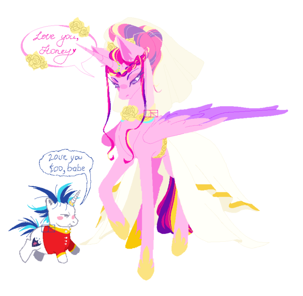 Size: 892x872 | Tagged: safe, artist:cornun1corn, derpibooru import, princess cadance, shining armor, alicorn, pony, unicorn, duo, female, horn, image, male, meme, png, ship:shiningcadance, shipping, simple background, straight, the bride and the ugly ass groom, white background