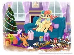 Size: 2547x1885 | Tagged: safe, artist:darksly, derpibooru import, aunt holiday, auntie lofty, scootaloo, earth pony, pegasus, pony, g4, christmas, christmas tree, couch, female, filly, foal, hearth's warming, holiday, image, jpeg, living room, mare, present, sitting, toy train, tree, trio