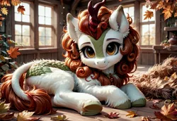 Size: 3072x2112 | Tagged: safe, ai content, derpibooru import, machine learning generated, prompter:kluknawa235, stable diffusion, autumn blaze, kirin, g4, cute, detailed, fluffy, horn, image, jpeg, leaf, looking at you, lying down, side, smiling, window