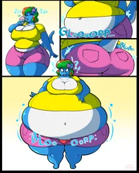 Size: 2772x3432 | Tagged: suggestive, artist:shark-bubble, artist:sharkbubble, artist:sharkbubble2, artist:symbiotegenesis, derpibooru import, oc, oc:thalia blu, anthro, hybrid, original species, shark, shark pony, unguligrade anthro, abstract background, belly, belly button, big belly, big breasts, breasts, chubby, cleavage, clothes, comic, drink, drinking, exclamation point, female, hand on belly, high res, huge belly, image, inflation, large butt, milkshake, png, question mark, rear view, sequence, shorts, solo, squishy, stomach noise, thighs, thunder thighs