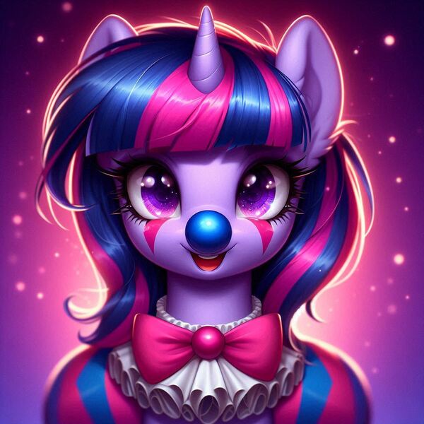 Size: 1024x1024 | Tagged: safe, ai content, derpibooru import, machine learning generated, prompter:heydude5321, twilight sparkle, pony, unicorn, g4, alternate hairstyle, bowtie, clown, female, generator:bing image creator, generator:dall-e 3, horn, image, jpeg, mare, solo