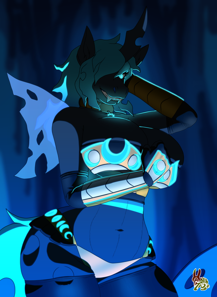 Size: 2190x3000 | Tagged: suggestive, artist:hanimetion, derpibooru import, oc, unofficial characters only, anthro, changeling, armor, breasts, changeling oc, clothes, collar, female, glow, glowing eyes, high res, image, looking at you, panties, png, solo, solo female, unconvincing armor, underwear