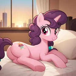 Size: 1024x1024 | Tagged: safe, ai content, derpibooru import, machine learning generated, prompter:harvydraws, stable diffusion, sugar belle, pony, unicorn, g4, backlighting, bed, bedroom, butt, city, curtains, female, generator:pony diffusion v6 xl, horn, image, indoors, jpeg, looking at you, looking back, looking back at you, lying down, mare, on bed, plot, prone, show accurate, side, smiling, smiling at you, solo, solo female, sugar butt, sun, sunset, underhoof, window