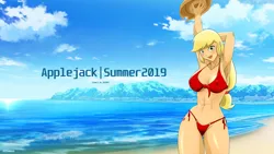 Size: 1920x1080 | Tagged: suggestive, alternate version, artist:tittoons, applejack, human, abs, applejack's hat, armpits, beach, breasts, busty applejack, cleavage, clothes, cowboy hat, cutie mark on human, erect nipples, female, hat, humanized, image, looking at you, outdoors, png, red bikini, smiling, solo, solo female, swimsuit, wallpaper