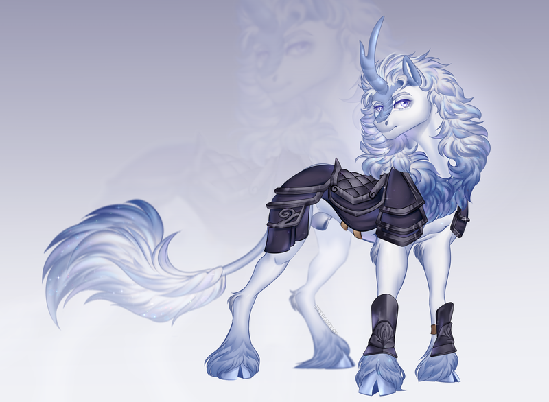 Size: 3597x2637 | Tagged: questionable, artist:charlotte38, artist:copshop, derpibooru import, oc, unofficial characters only, kirin, armor, cloven hooves, gradient background, image, kirin oc, male, nudity, png, sheath, solo, solo male, unshorn fetlocks